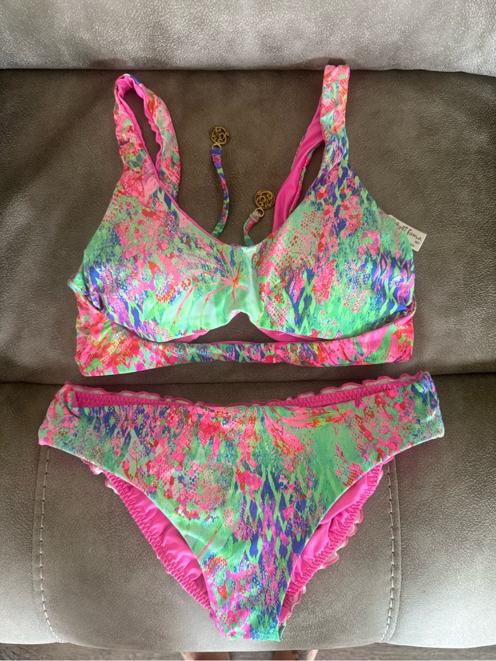 Luli Fama Neon Pink Green Multicolor Bikini Set